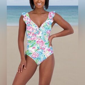 Stella Parker Ruffle Maillot One Piece Swimsuit Tummy Control Floral Tropical M